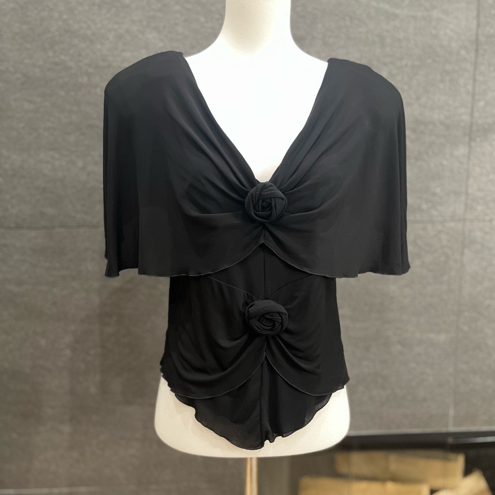 Saint Laurent Black Ruffled Rose Padded Shoulder Top - Picture 11 of 15